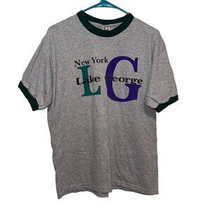 Vintage New York Lake George Graphic Ringer T-Shirt Gray L